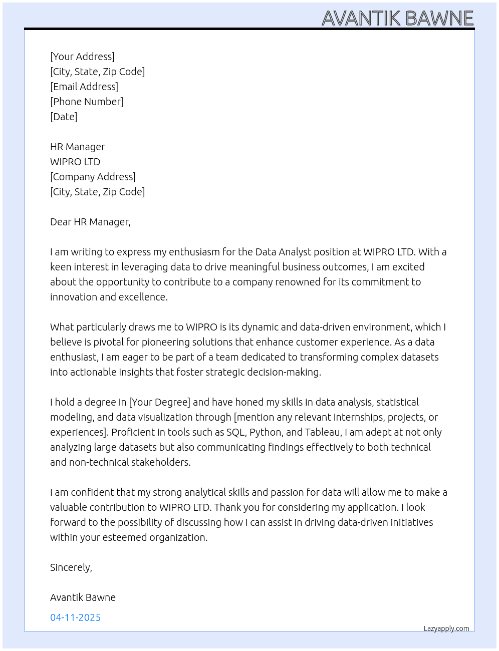Data Analyst At WIPRO LTD Cover Letter