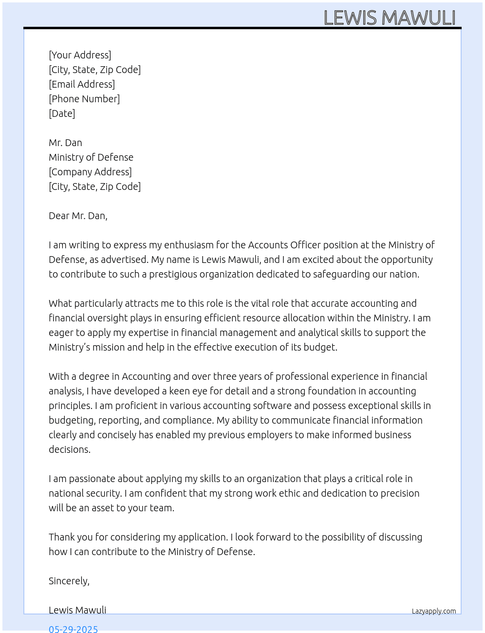 Accounts officer  At Ministry of defense Cover Letter
