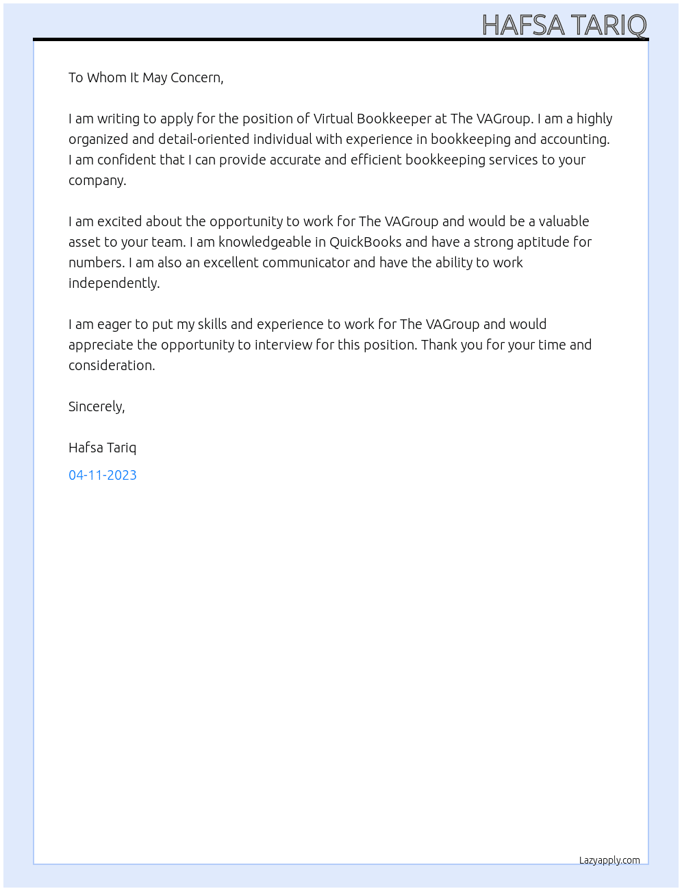 virtual bookkeeper At 𝐓𝐇𝐄 𝐕𝐀 𝐆𝐑𝐎𝐔𝐏 Cover Letter