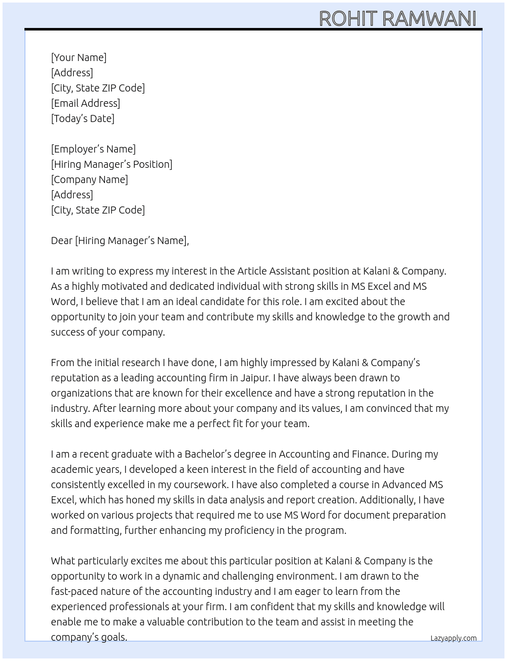 Article Assistant  At Kalani & Company  Cover Letter