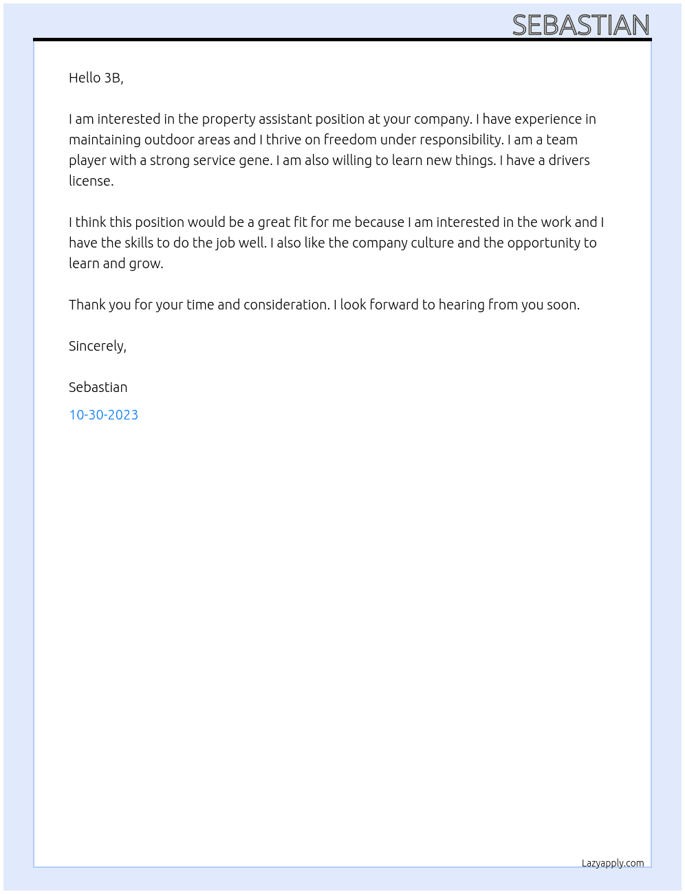 Property assistant At 3B Operating area C in Herlev Cover Letter