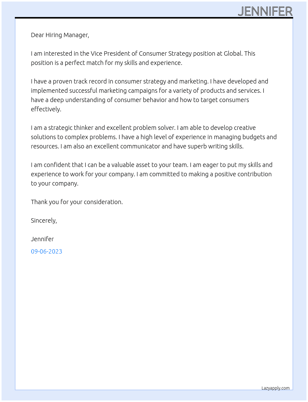 Vice President of Consumer Strategy At Global Cover Letter