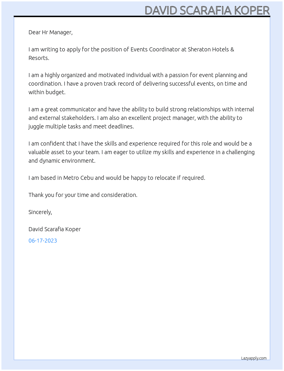 Events Coordinator At Sheraton Hotels & Resorts Cover Letter