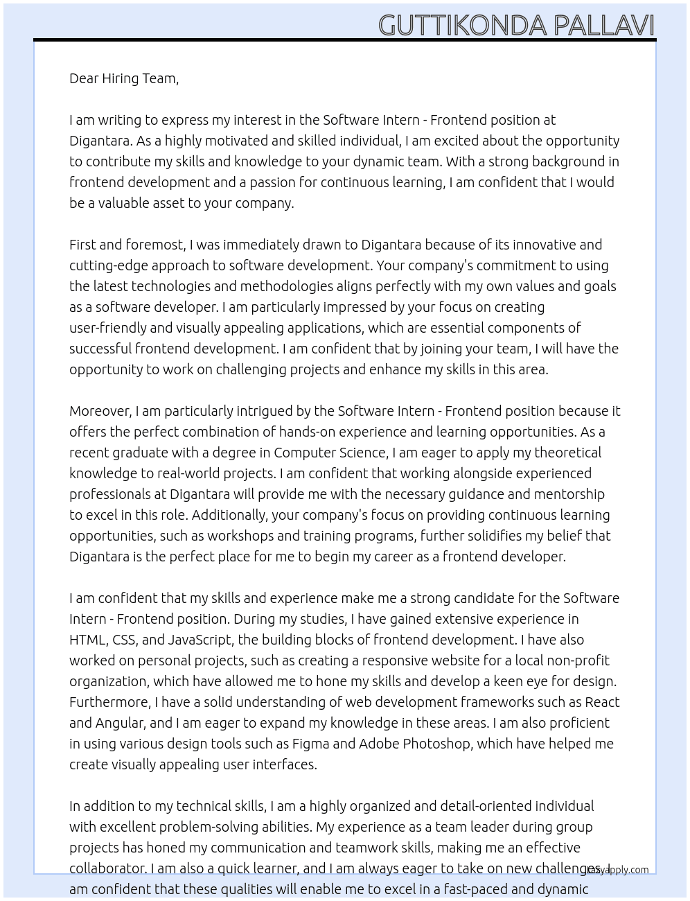 Software Intern - Frontend At Digantara Cover Letter