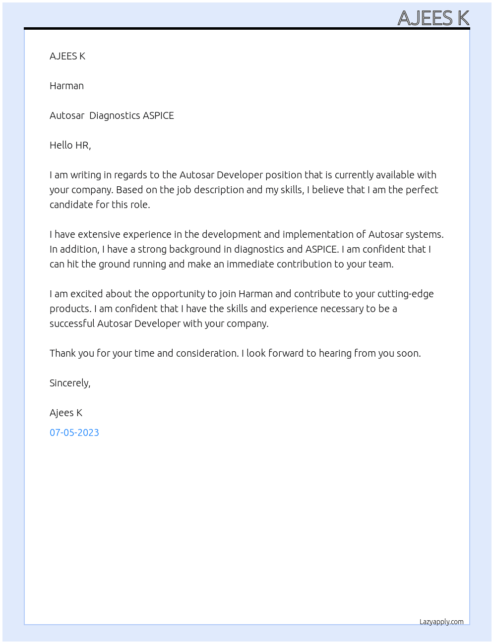 Autosar Devoloper At HArman Cover Letter