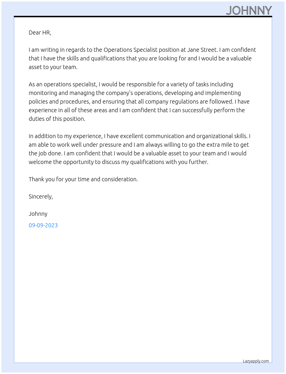 Operation specialist At Jane Street Cover Letter