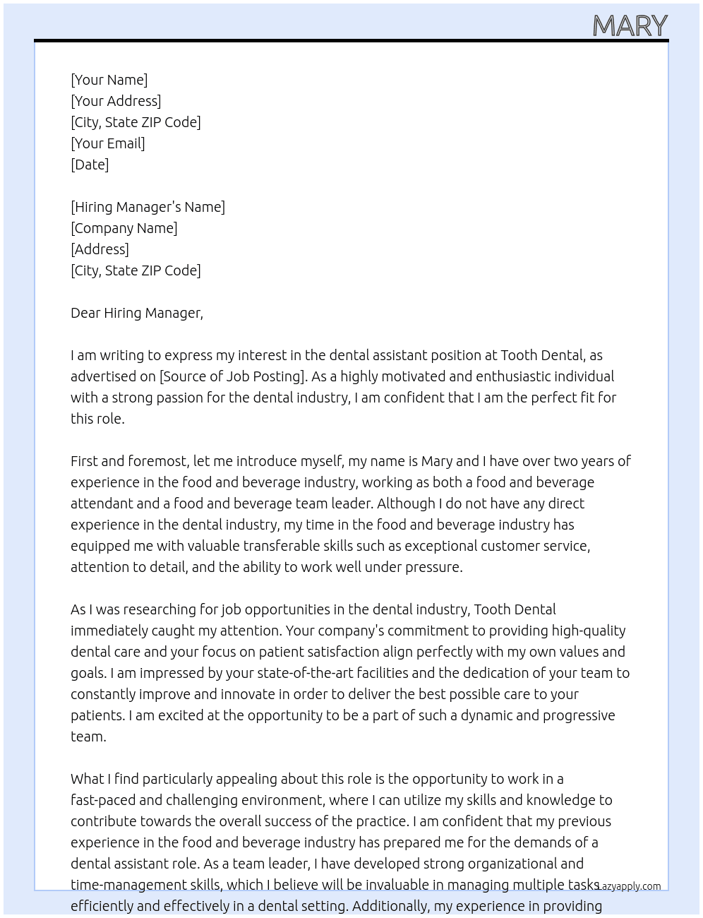 dental assistant At Tooth Dental Cover Letter