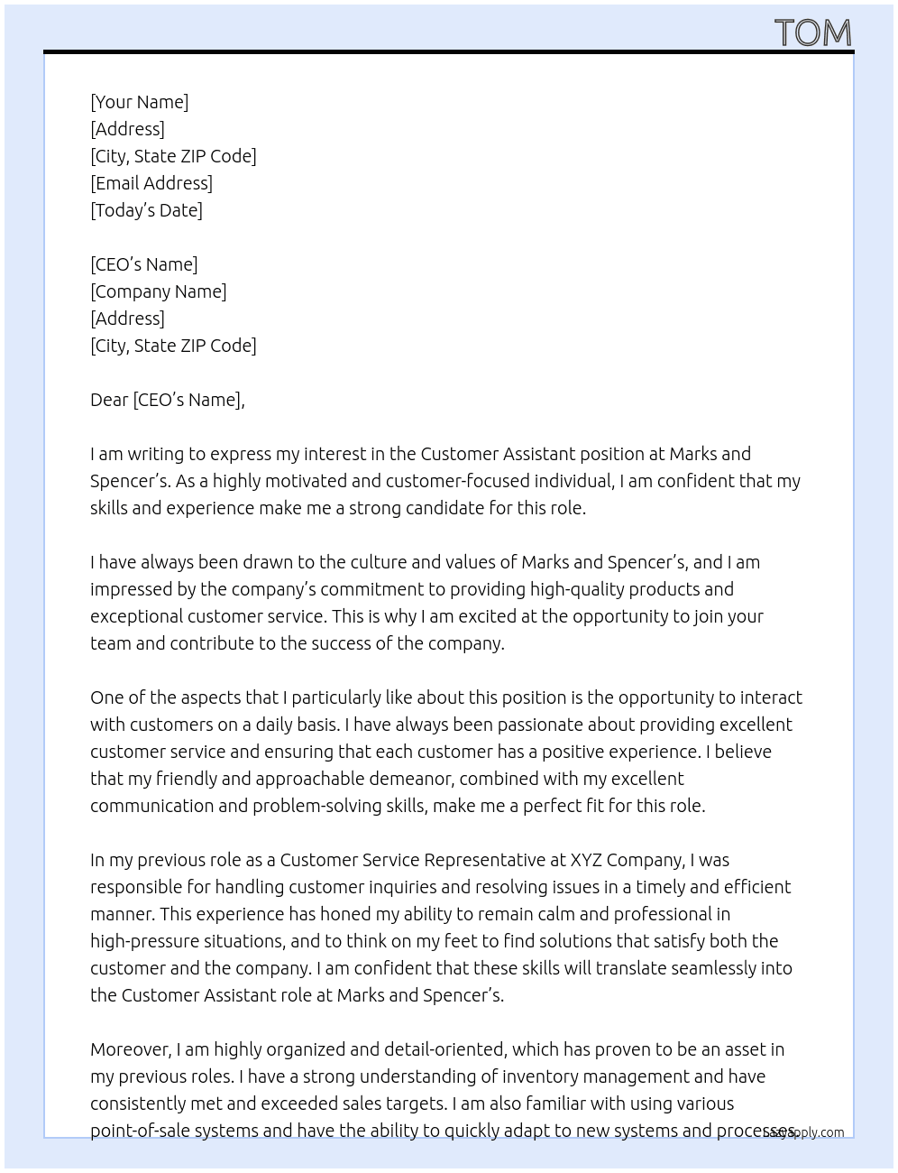 Customer assistant  At Marks and Spencer’s  Cover Letter