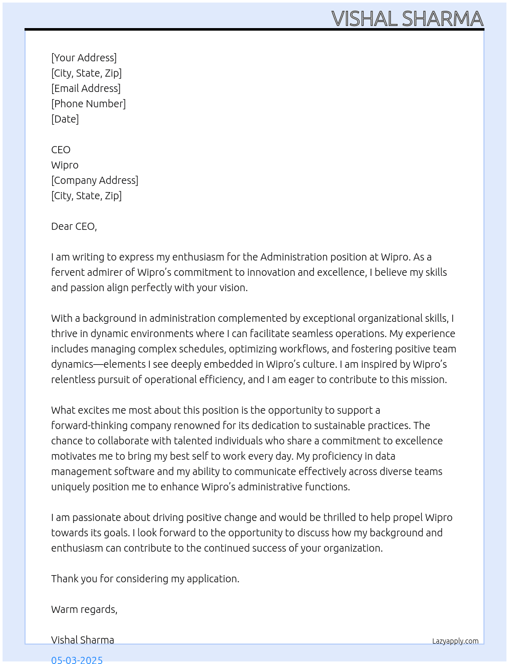 Administration  At Wipro  Cover Letter