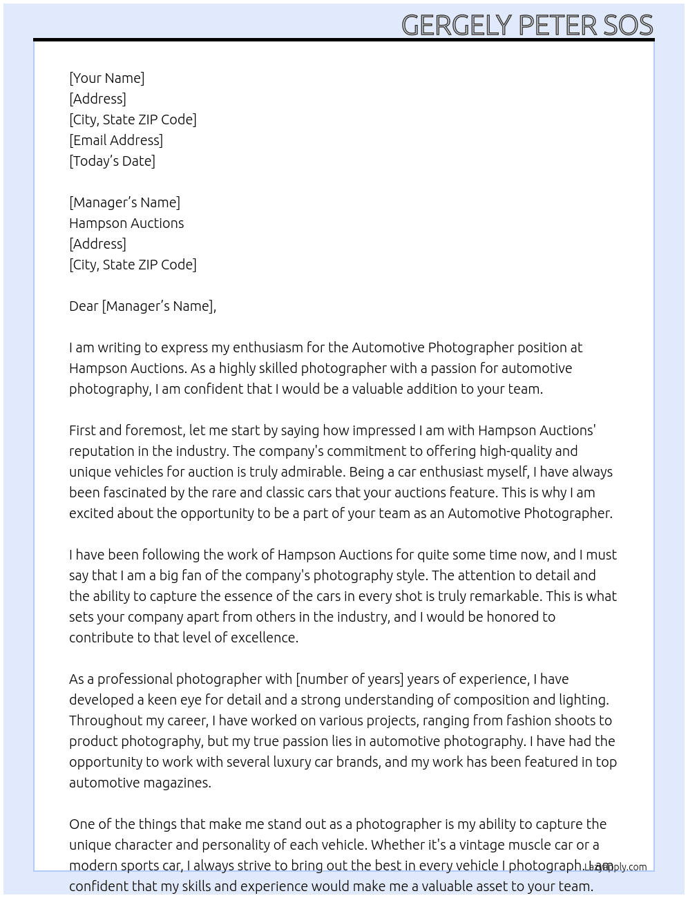 Automotive Photographer At Hampson Auctions Cover Letter