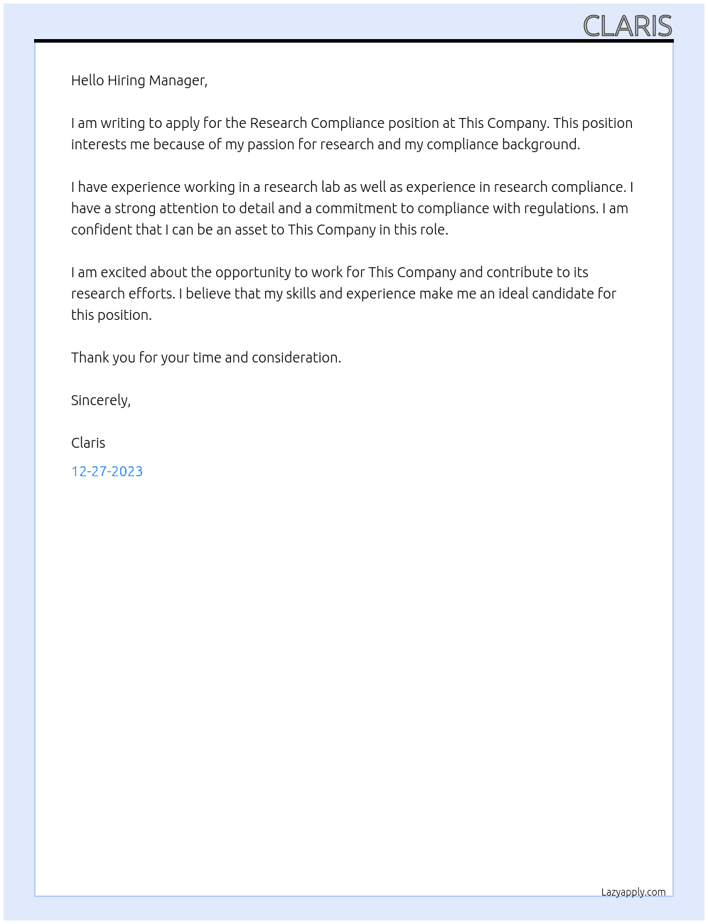 Research Compliance At This Company Cover Letter