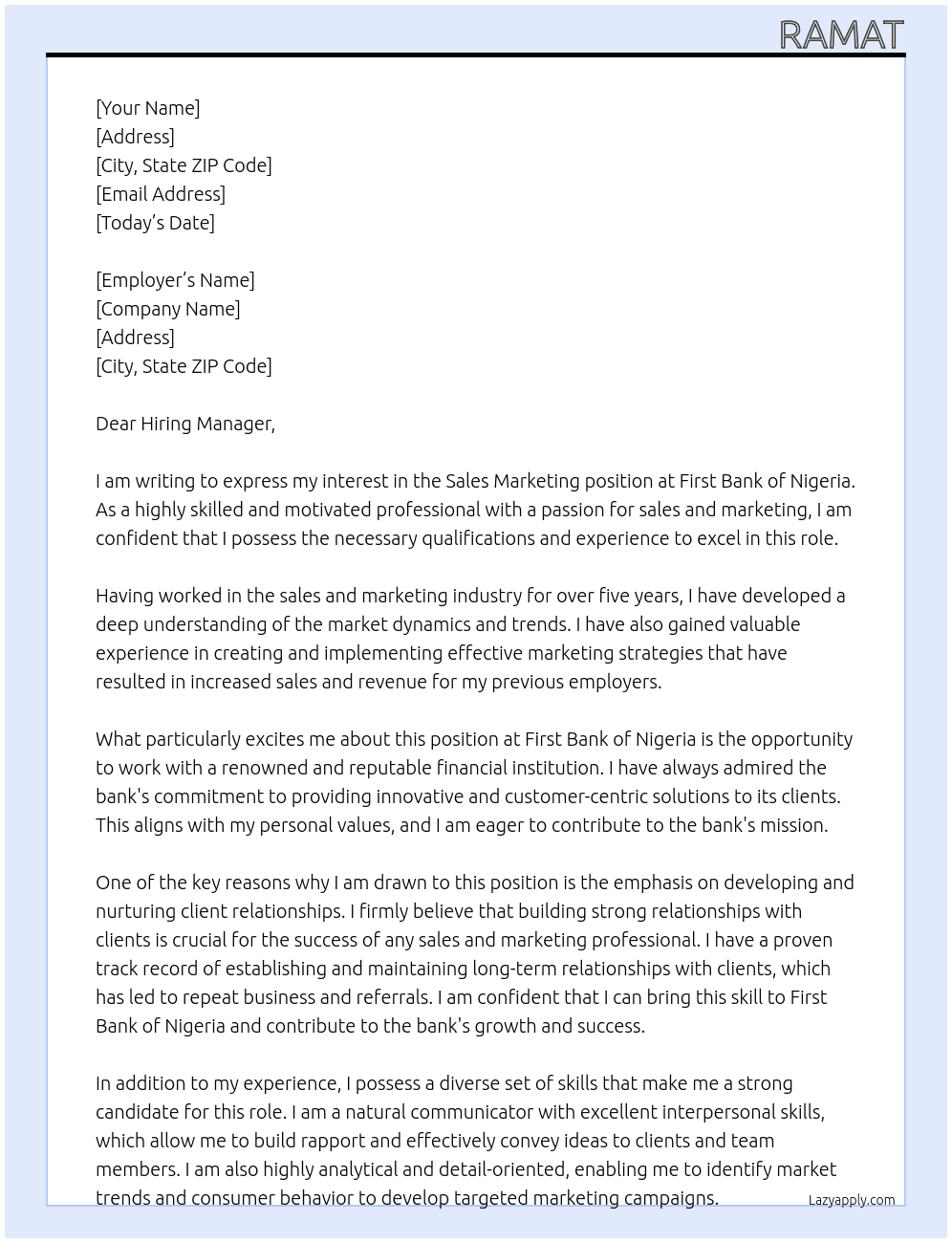 Sales Marketing At First Bank of Nigeria  Cover Letter