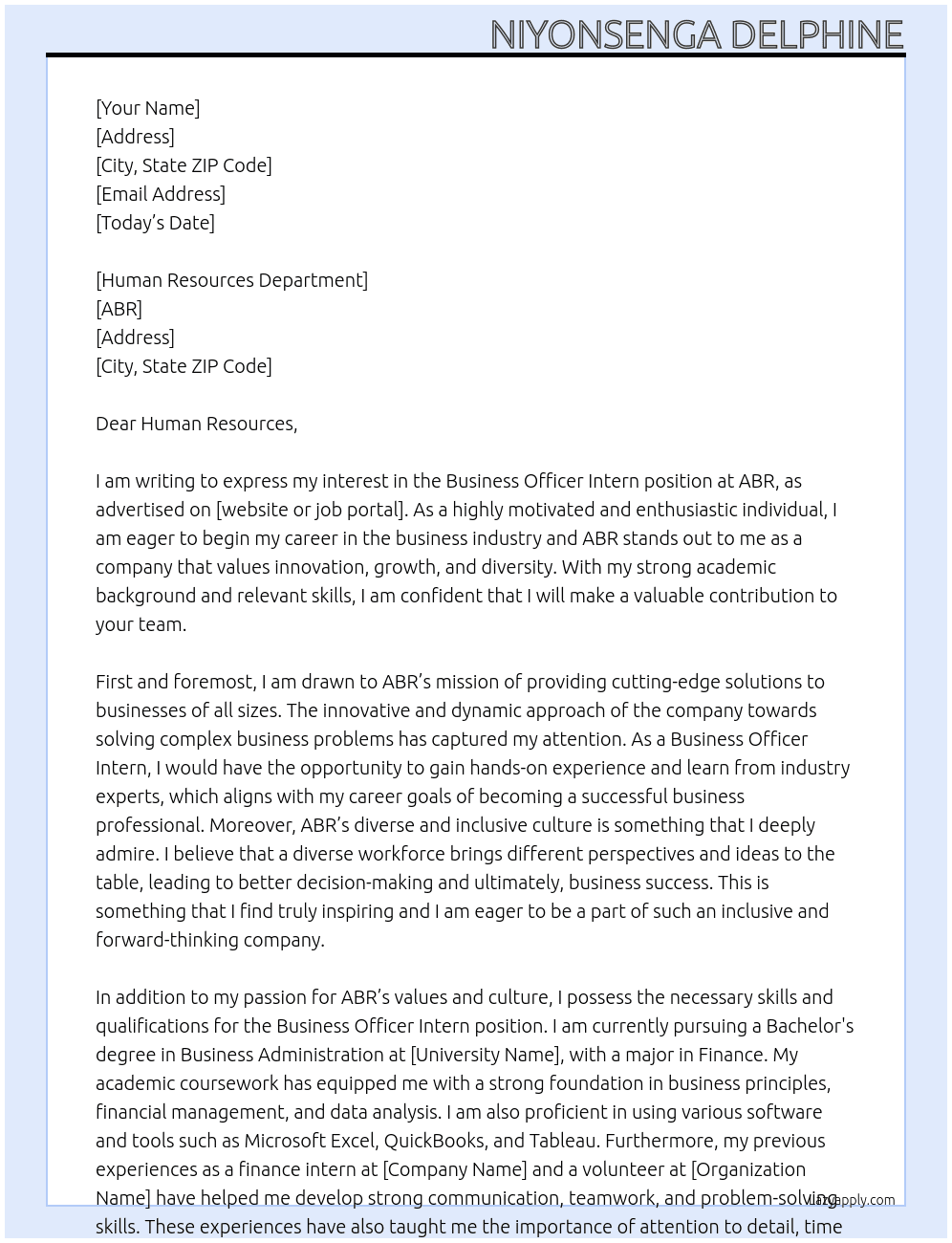 Cover letter for business officer intern - LazyApply
