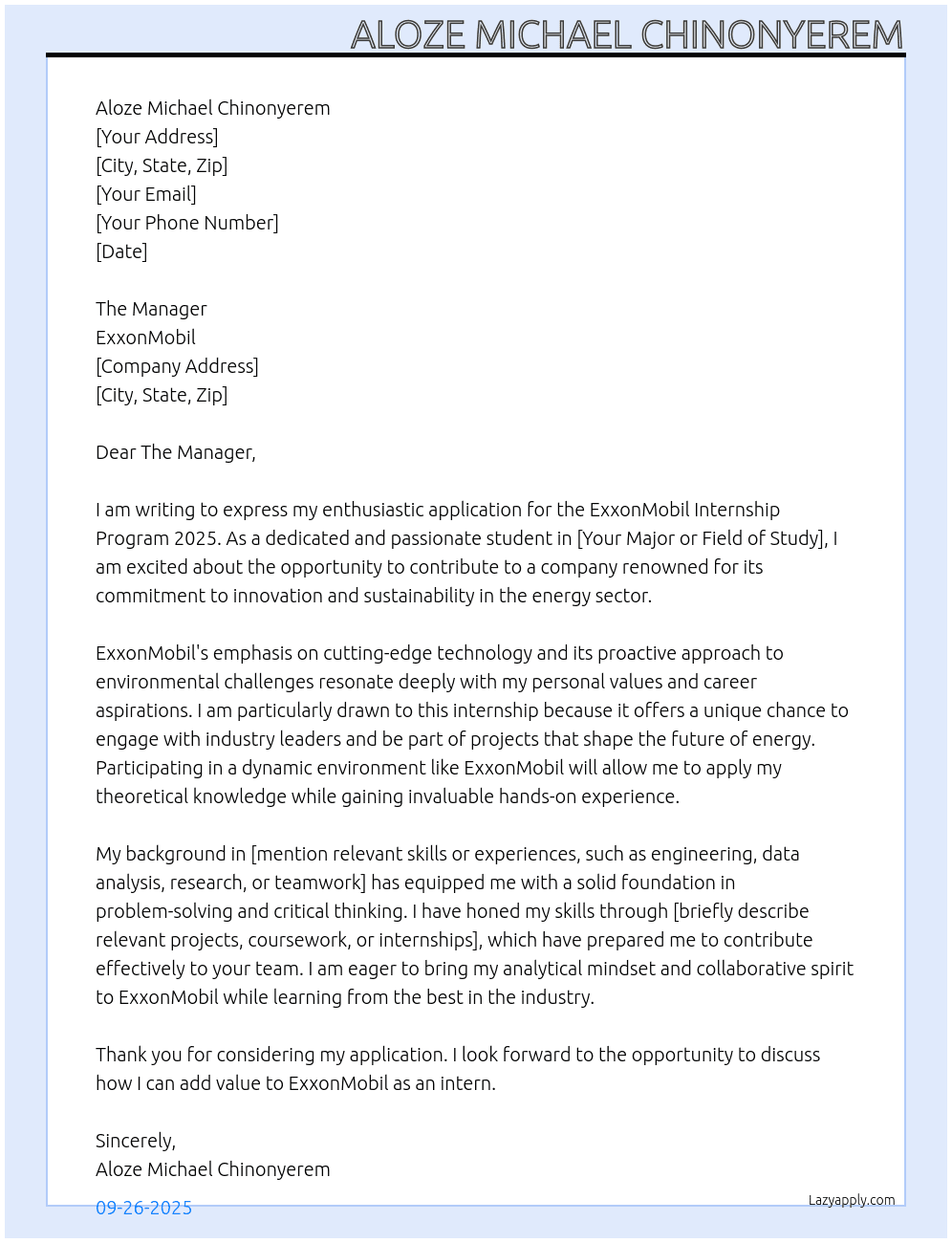 Exxomobile intership program 2025 At Exxomobile Cover Letter