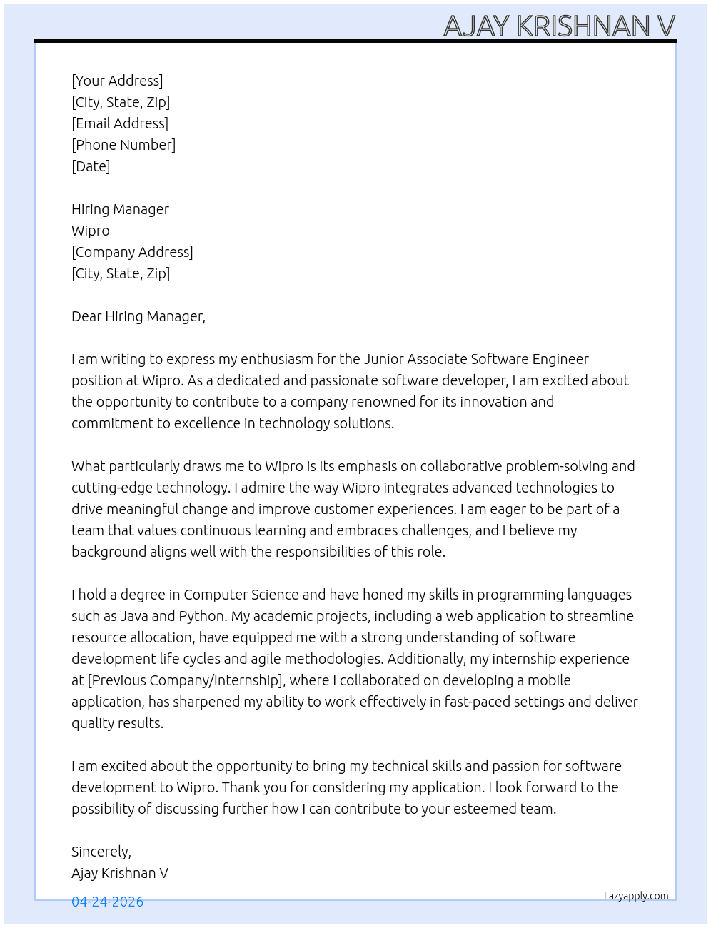 Cover letter for junior associate software engineer - LazyApply