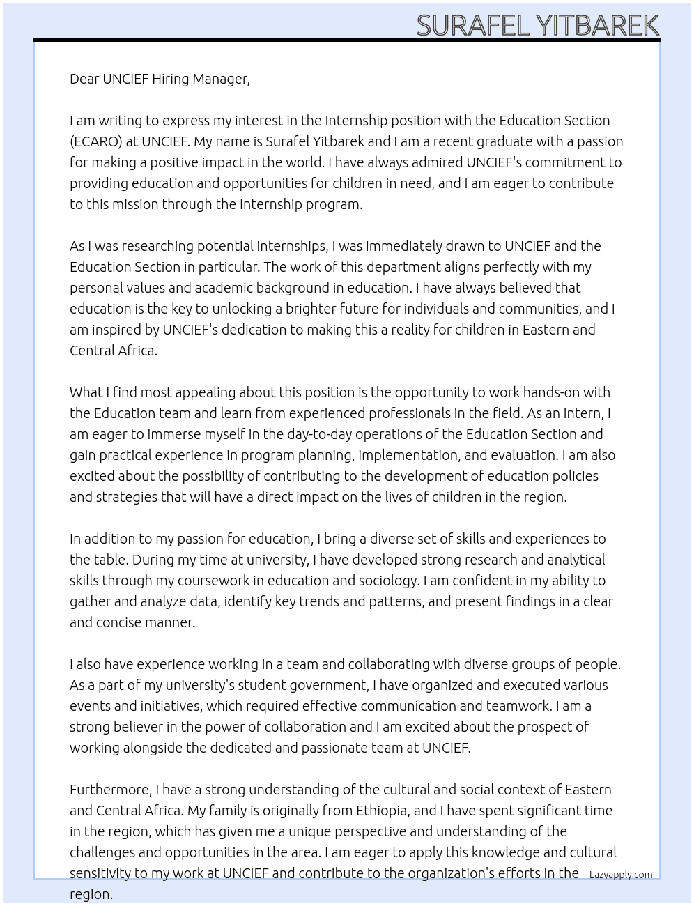 Internship At UNCIEF Cover Letter