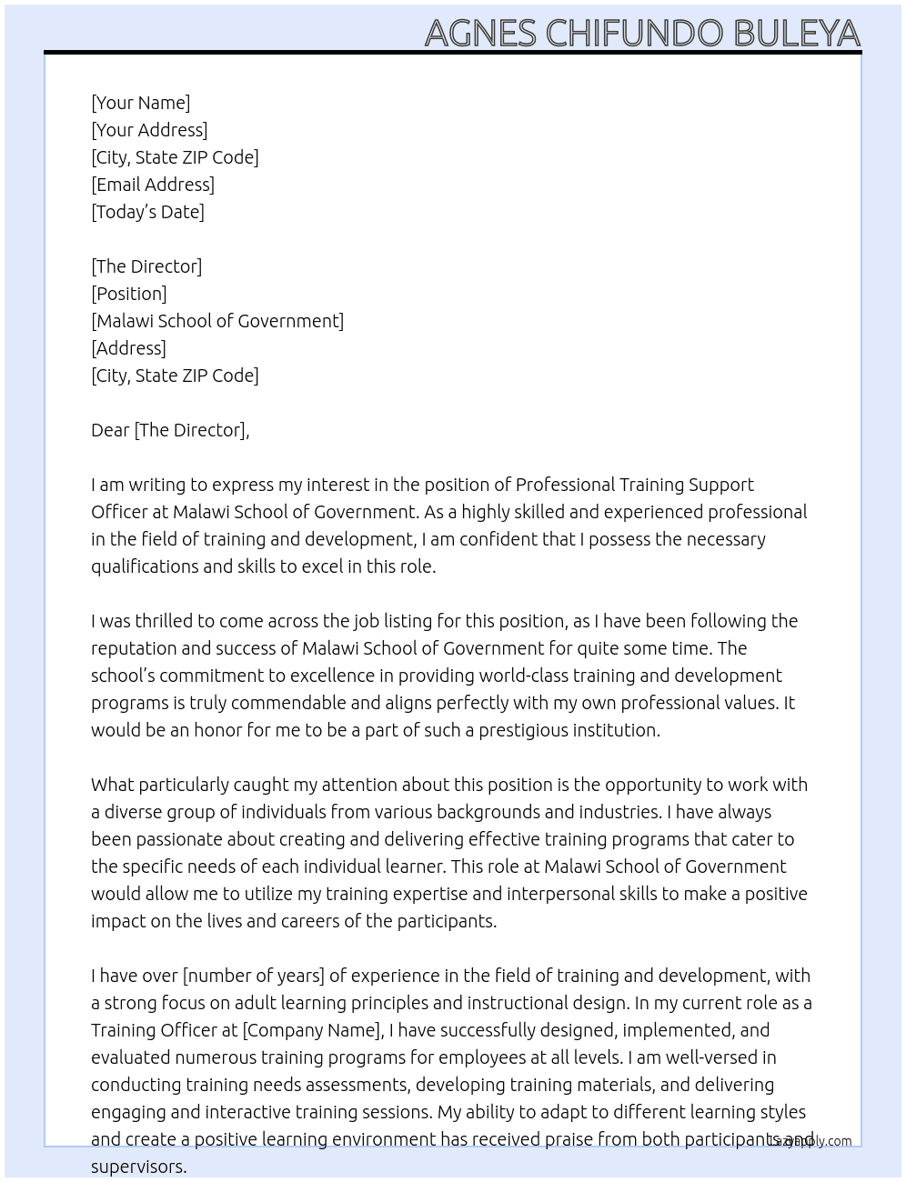 Professional Training Support Officer At Malawi School of Government Cover Letter