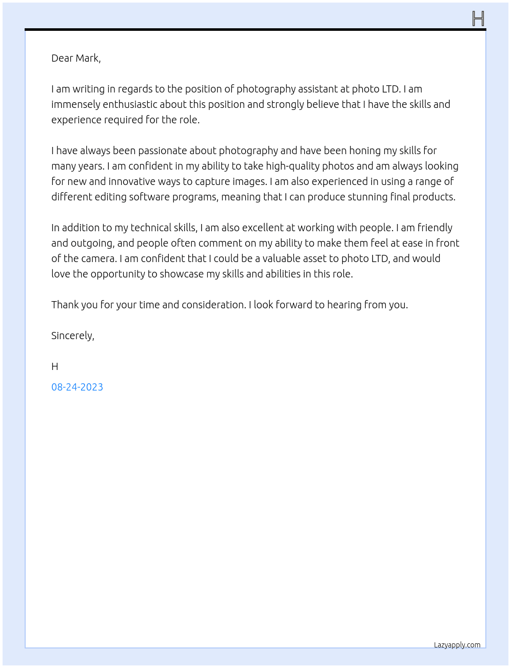 photography assistant At photo LTD Cover Letter