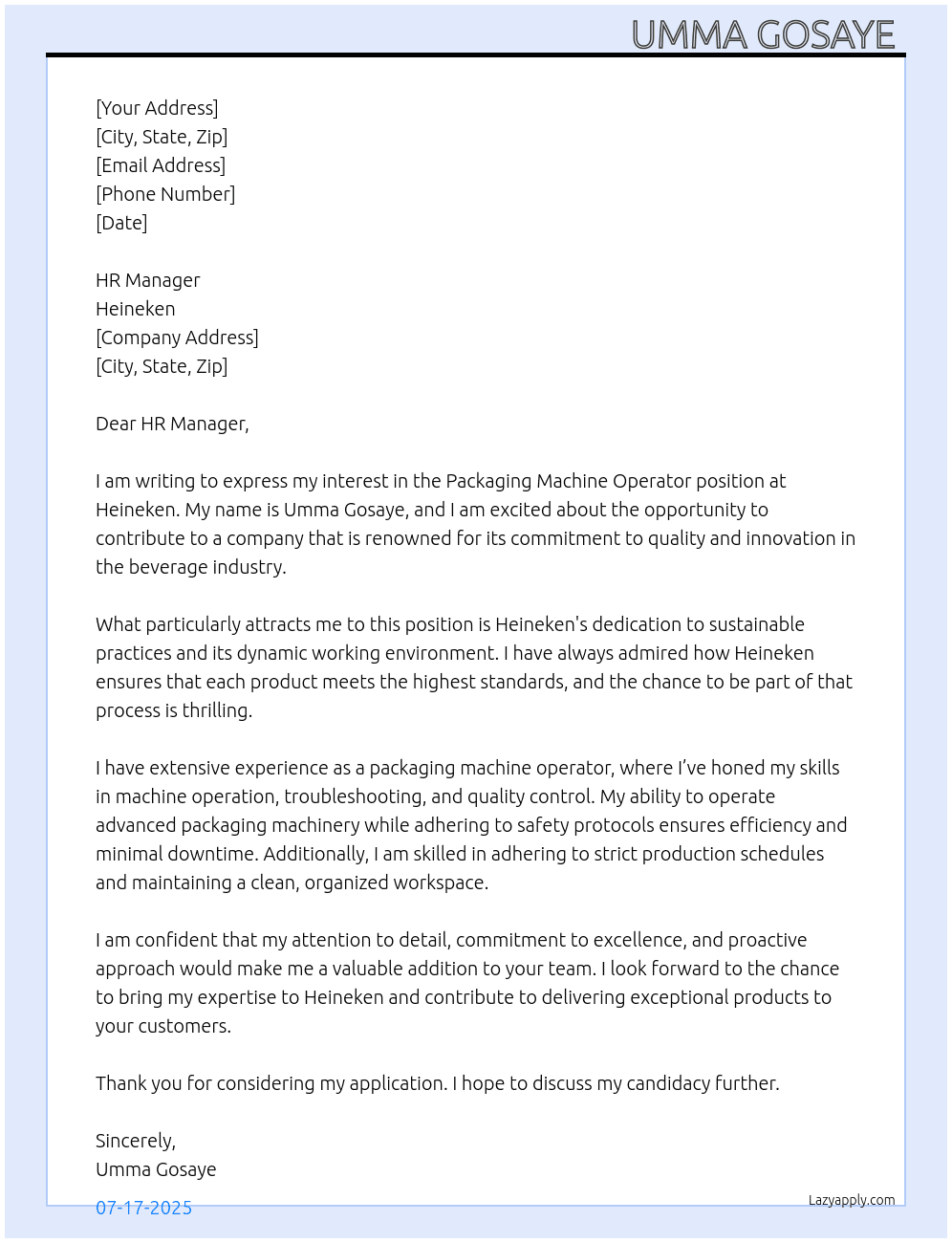 packaging machine operator  At Heineken Cover Letter