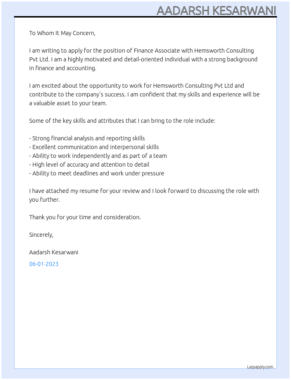Finance associate  At Hemsworth consulting pvt ltd Cover Letter