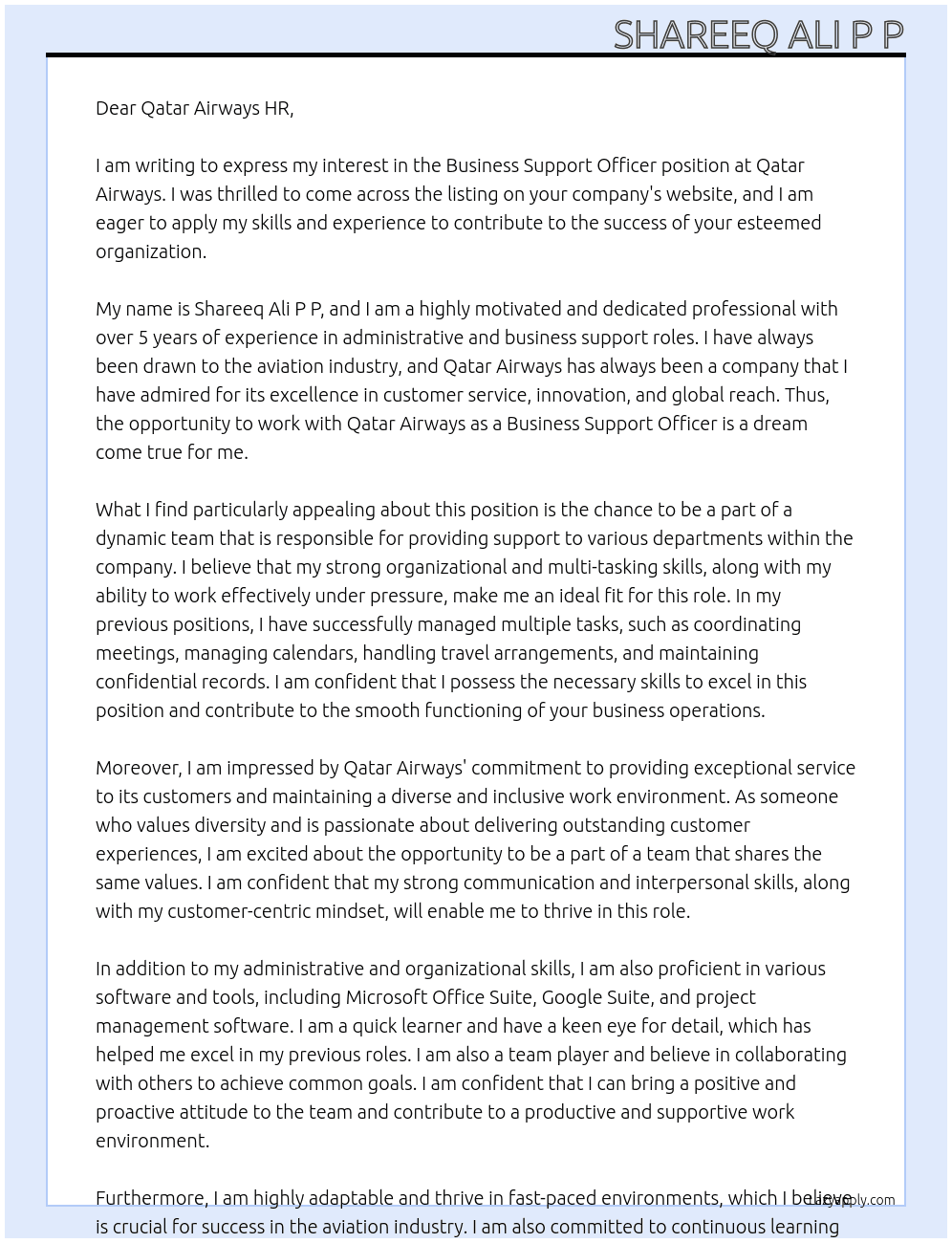Business Support Officer At Qatar Airways Cover Letter
