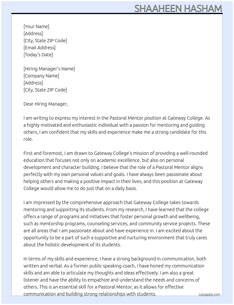 Pastoral mentor At Gateway College Cover Letter