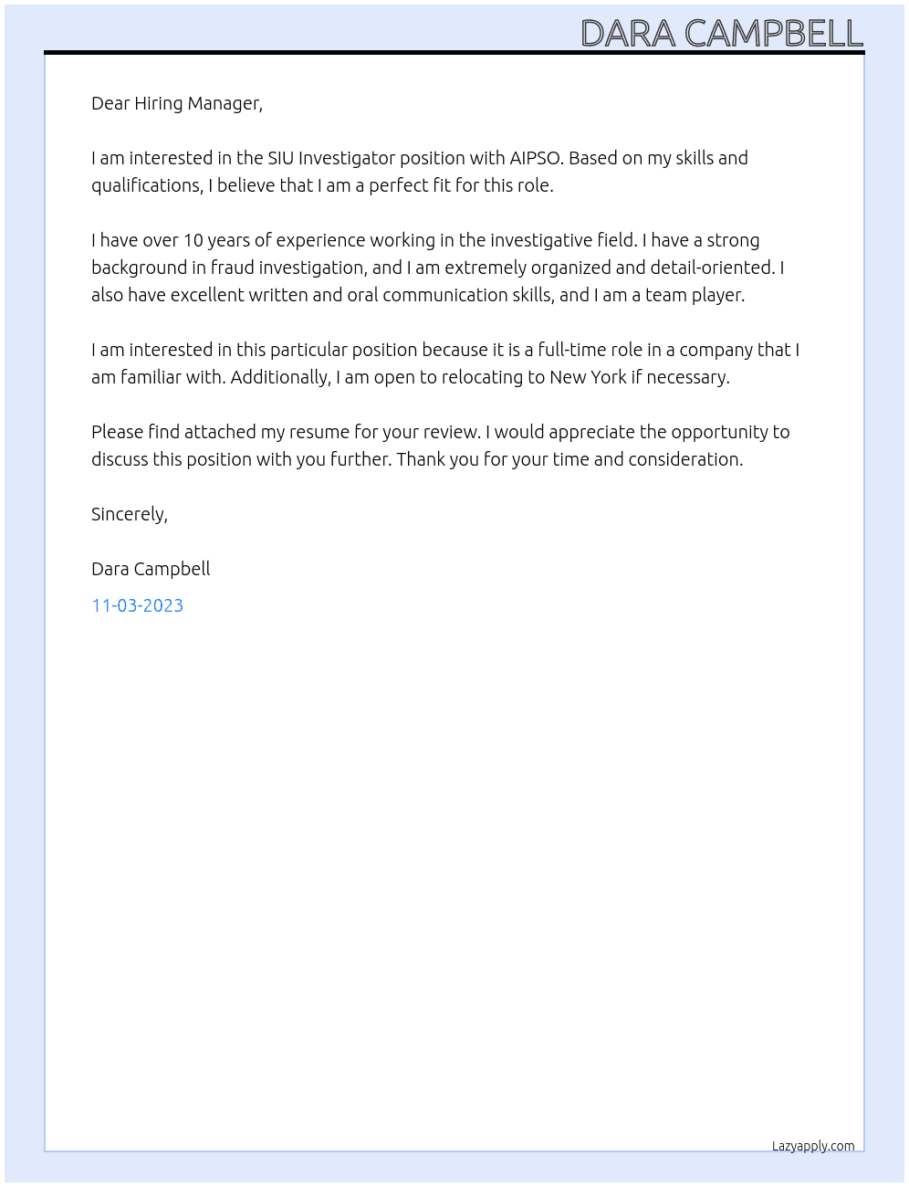 SIU Investigator At AIPSO Cover Letter