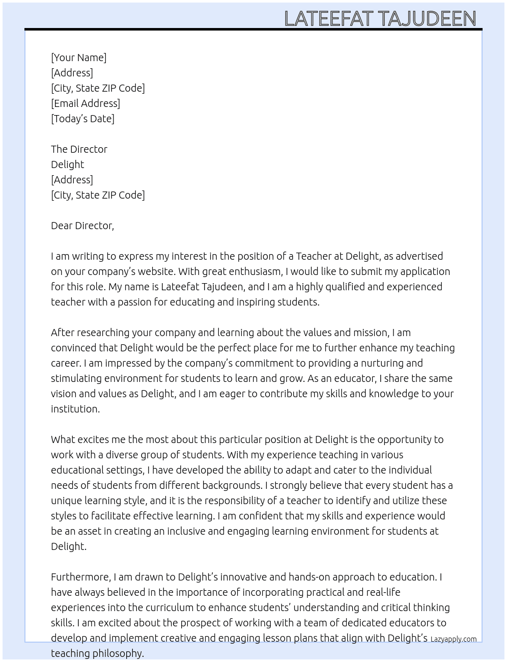 Teacher  At Delight Cover Letter