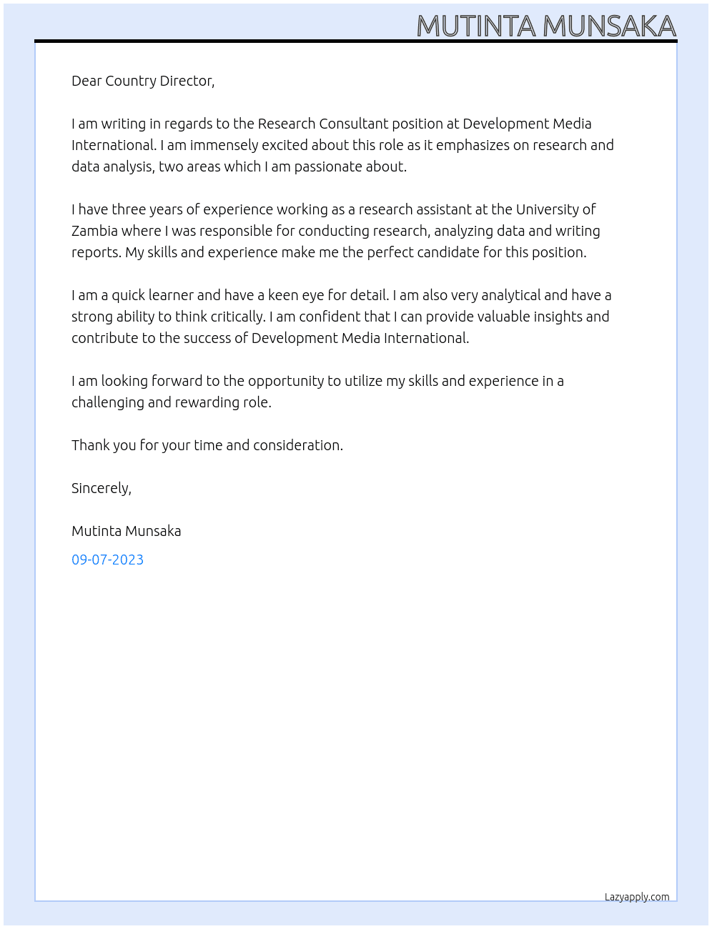 Research Consultant At Development Media International Cover Letter