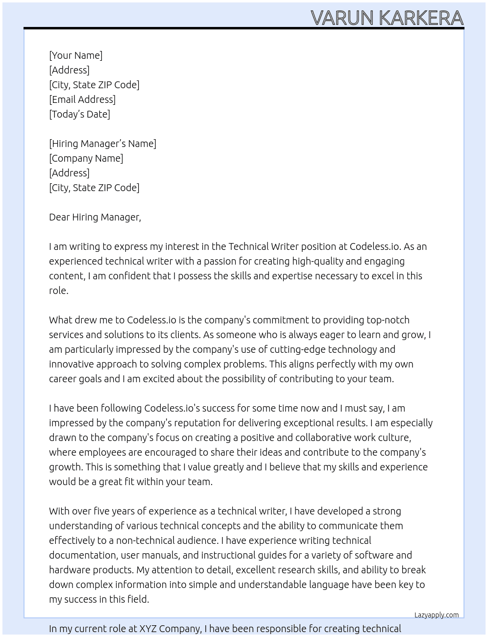 Technical writer At Codeless.io Cover Letter