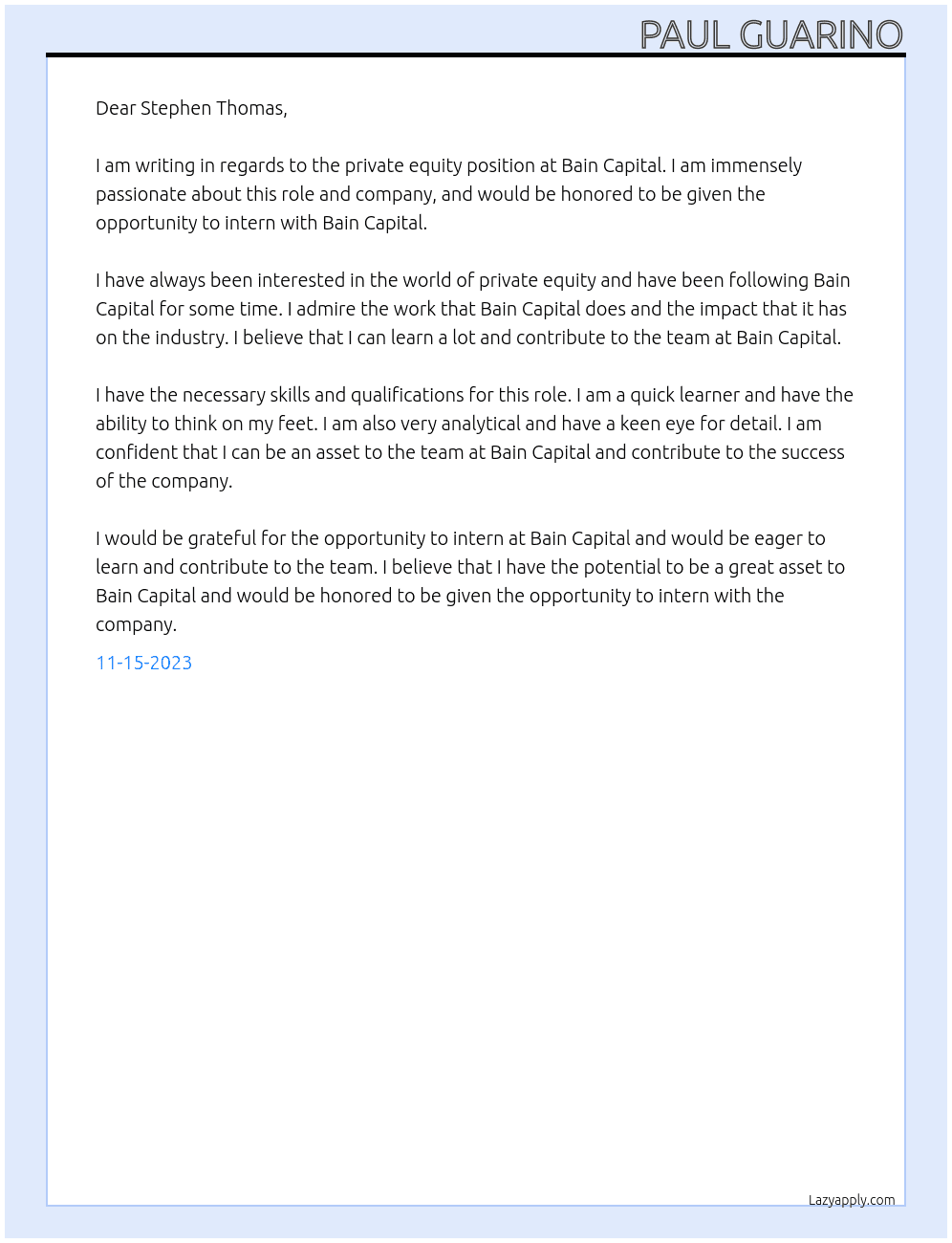 private equity At Bain Capital Cover Letter
