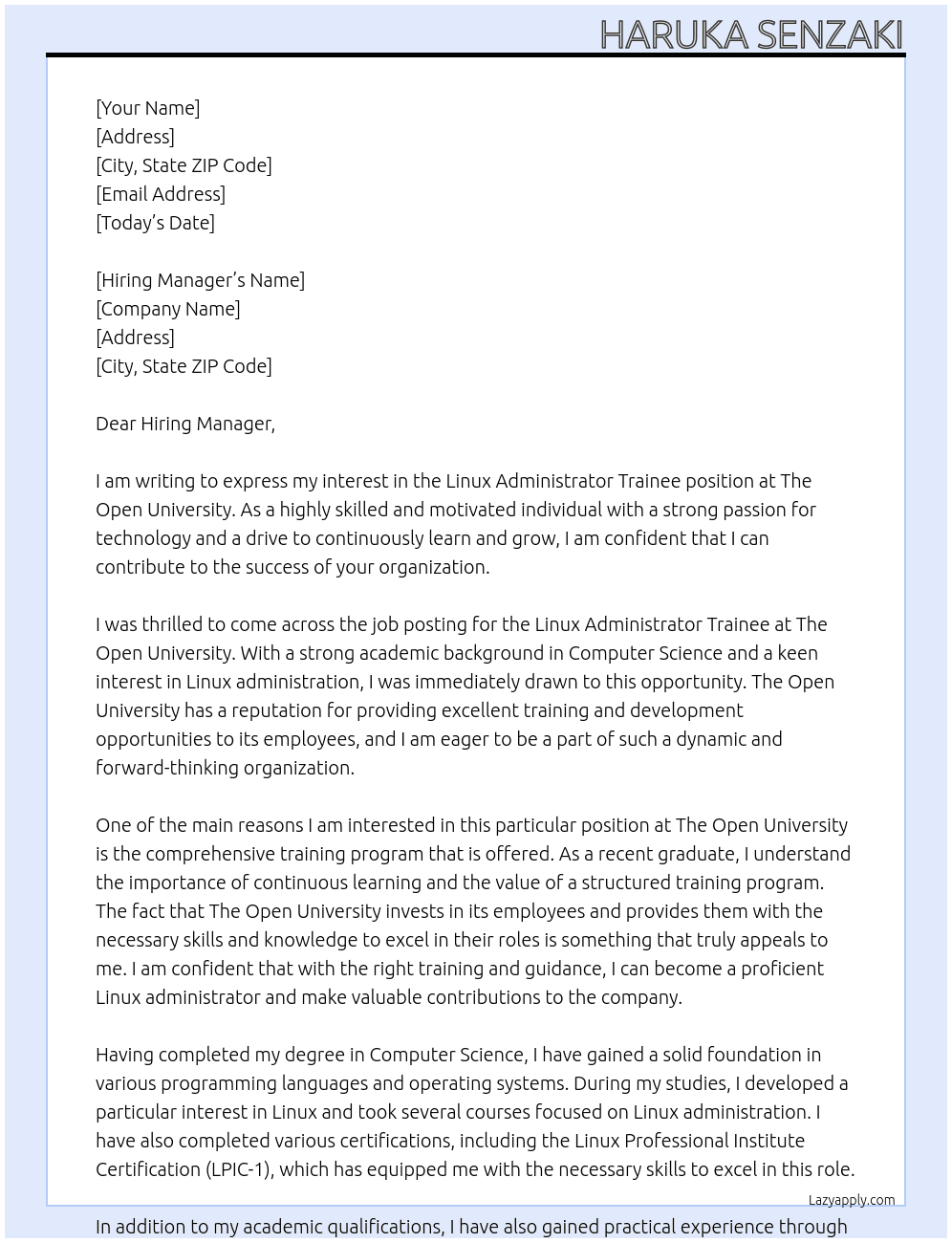 Linux Administrator Trainee At The Open University Cover Letter
