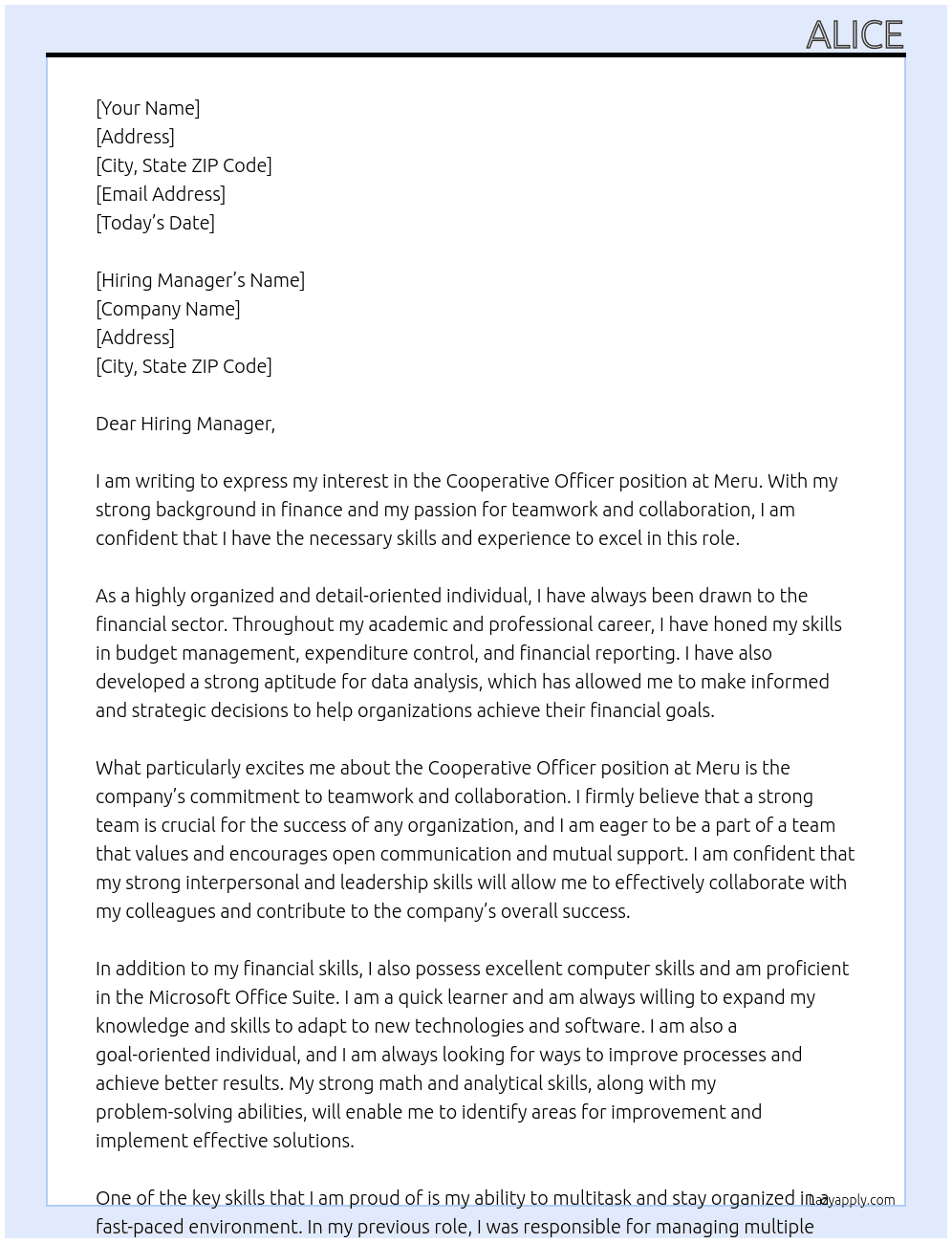 co-opeative officer At meru Cover Letter
