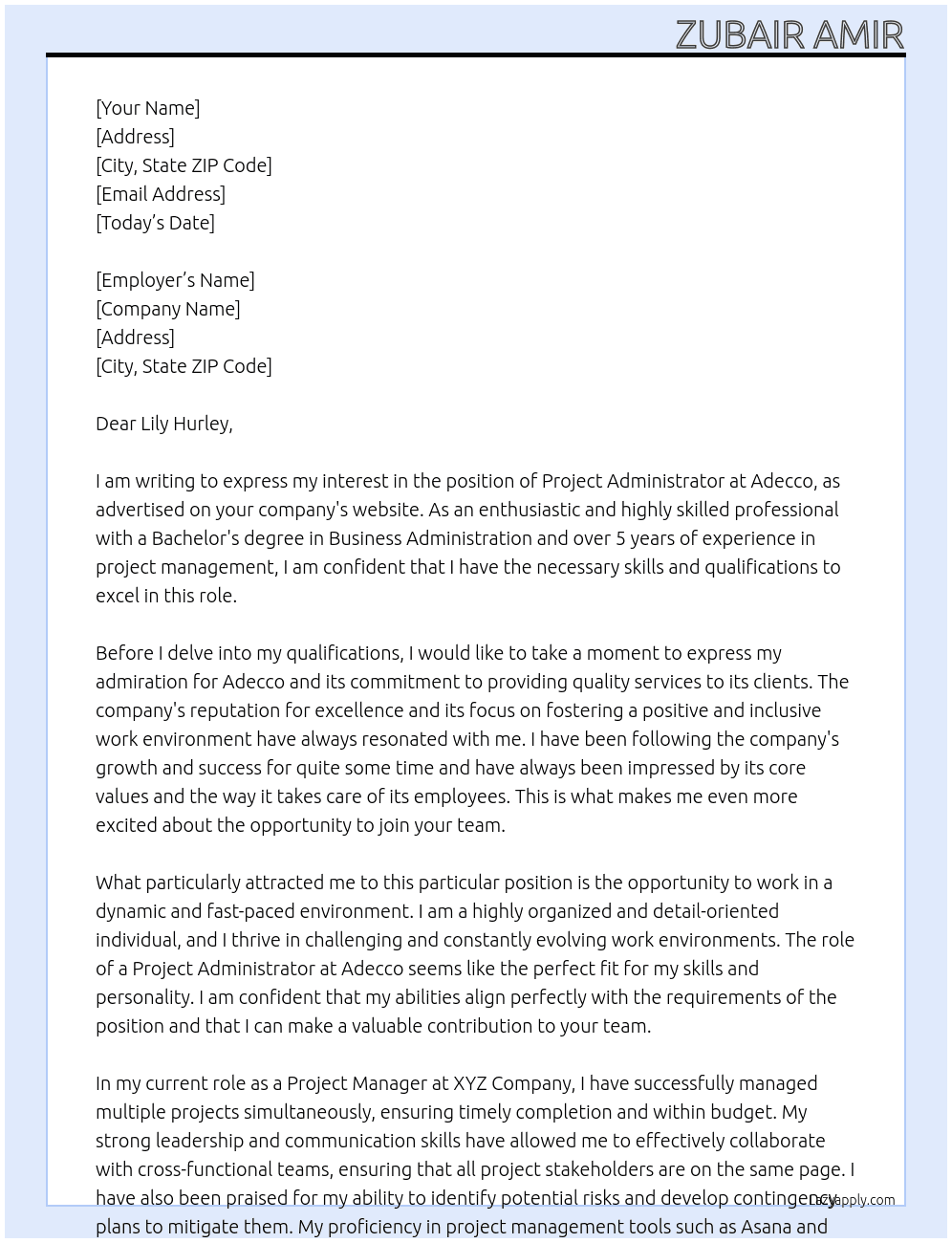 Project Administrator At  Adecco Cover Letter