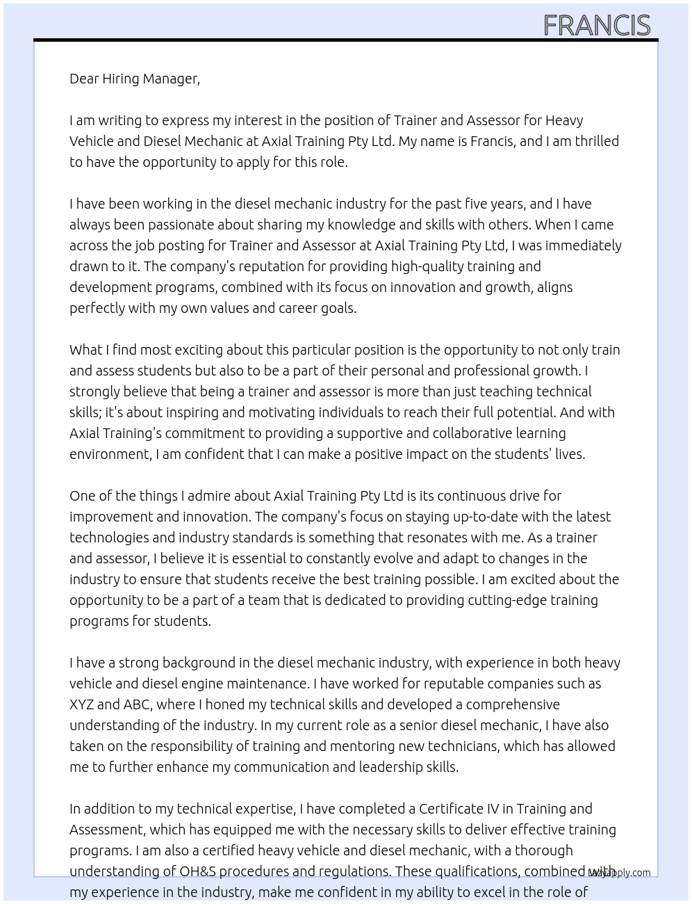 Cover letter for trainer and accessor - heavy vehicle and diesel mechanic - LazyApply