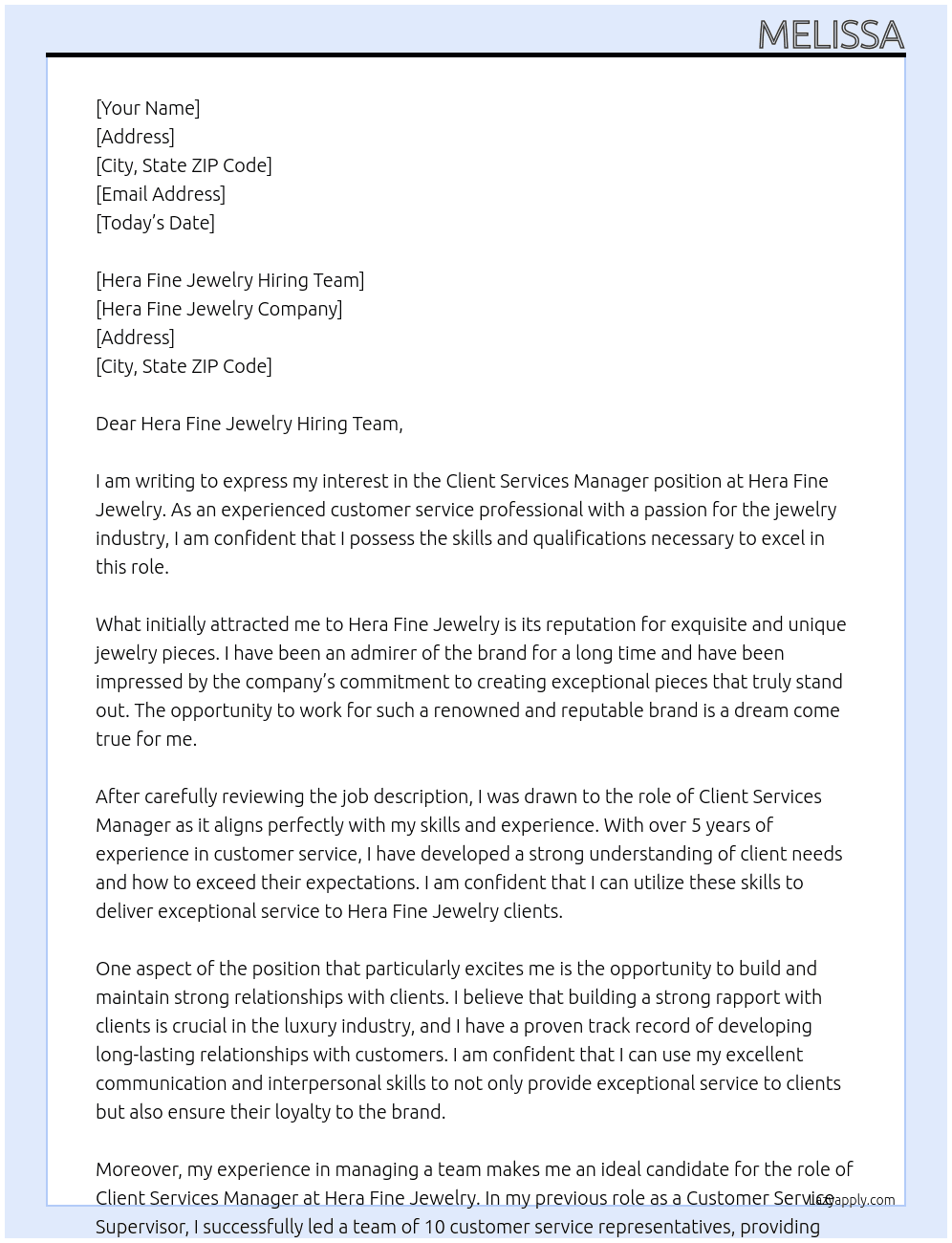Client Services Manager At Hera Fine Jewelry Cover Letter