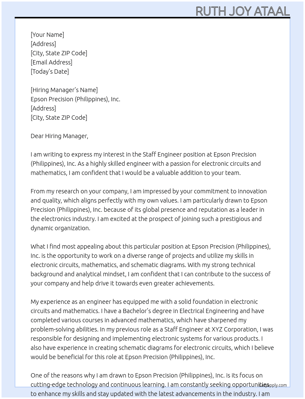 staff Engineer At Epson Precision (Philippines), Inc. Cover Letter