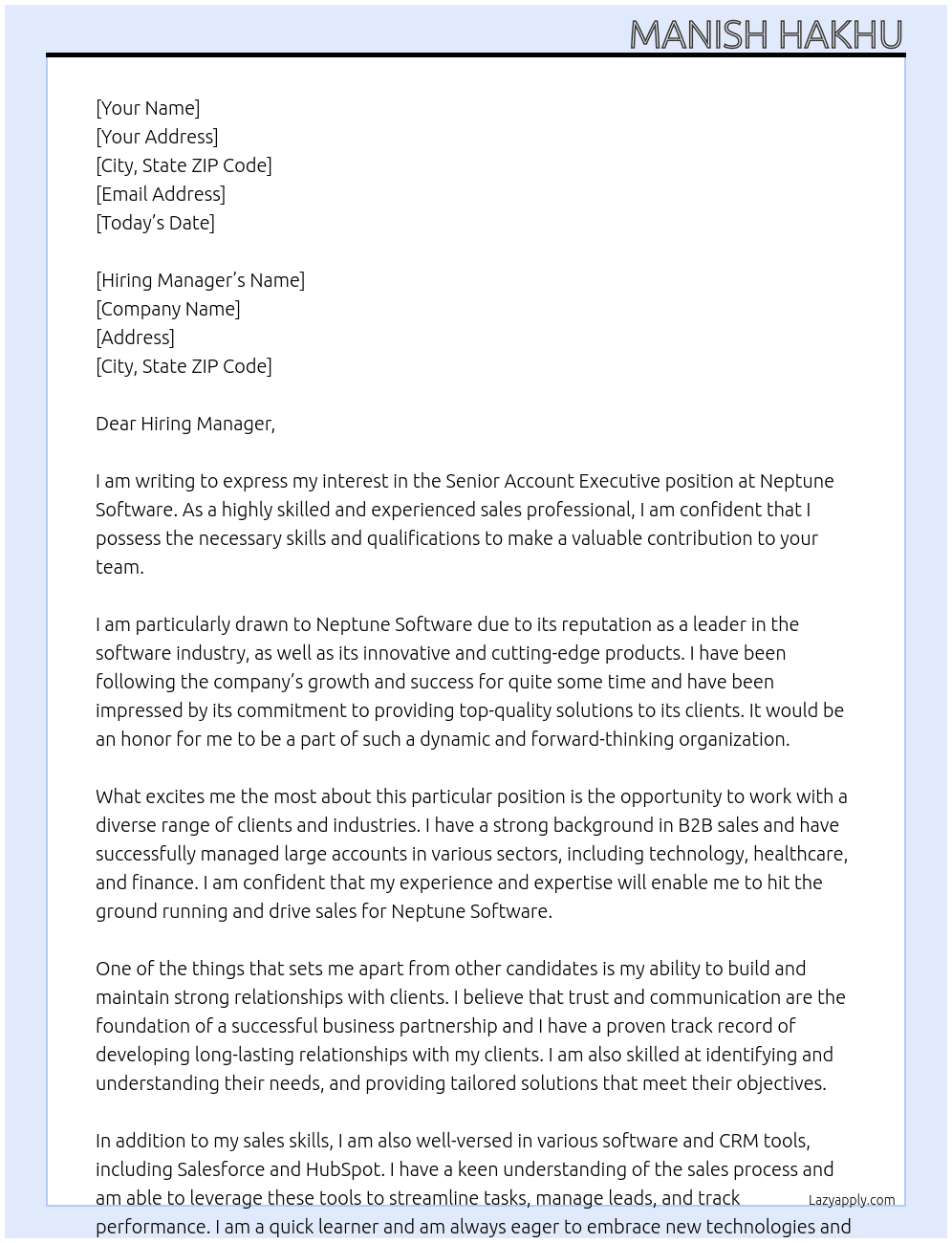 Senior Account Executive At Neptune Software Cover Letter
