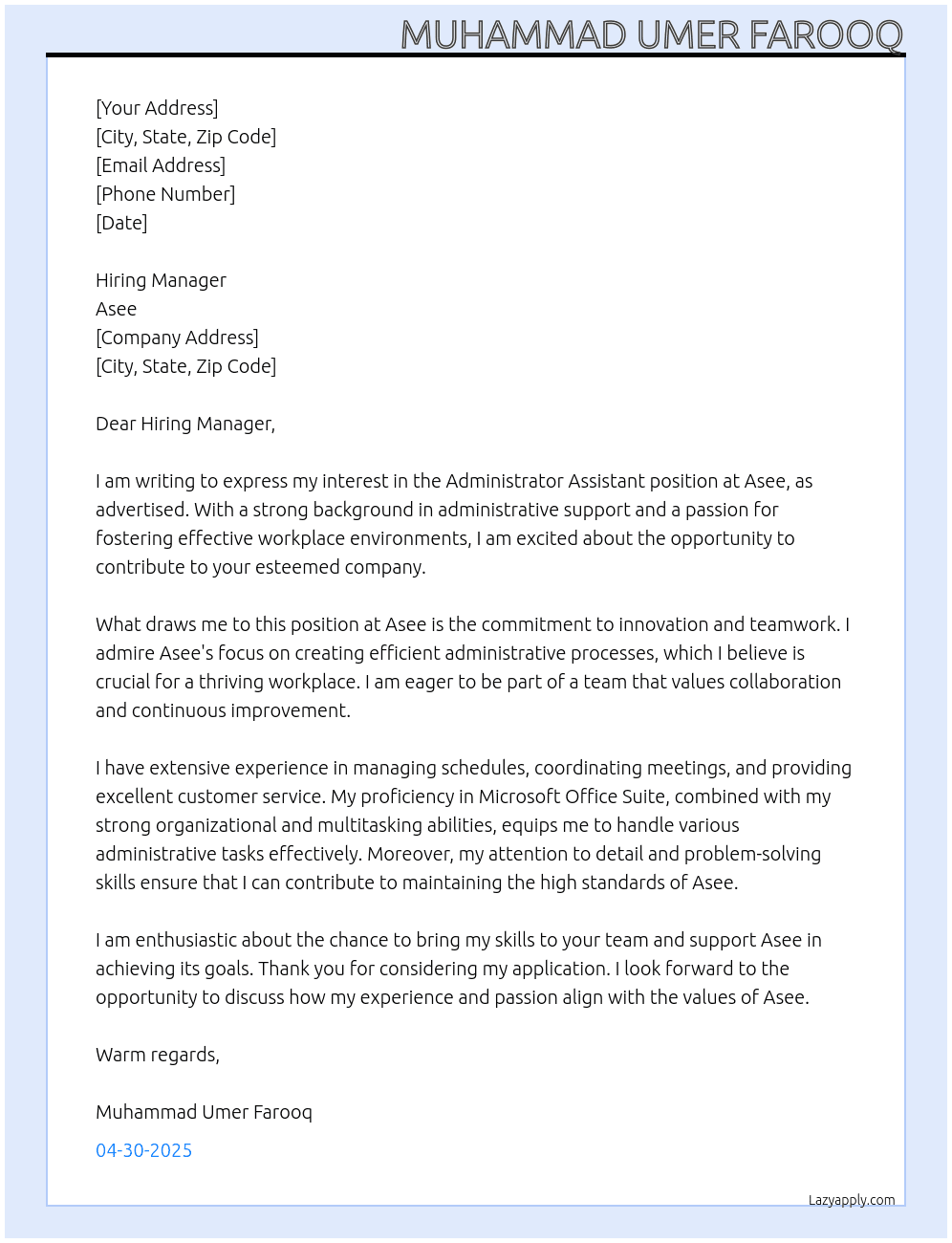 Cover letter for administrator assistant - LazyApply