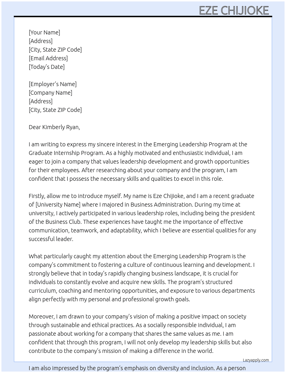 Emerging leadership program  At Graduate internship program  Cover Letter