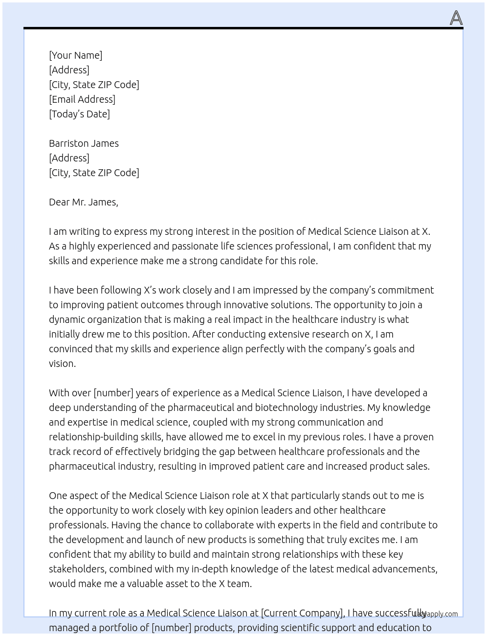 Cover letter for medica science liaison - LazyApply