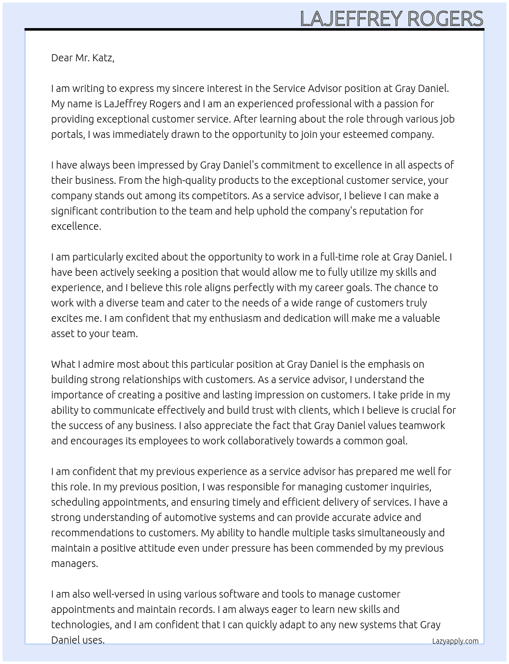 Service Advisor  At Gray Daniel Cover Letter