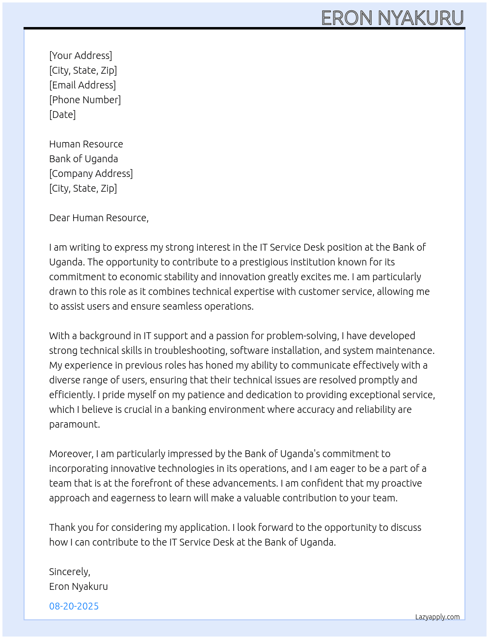 IT SERVICE DESKIT SERVICE DESK At Bank of Uganda Cover Letter