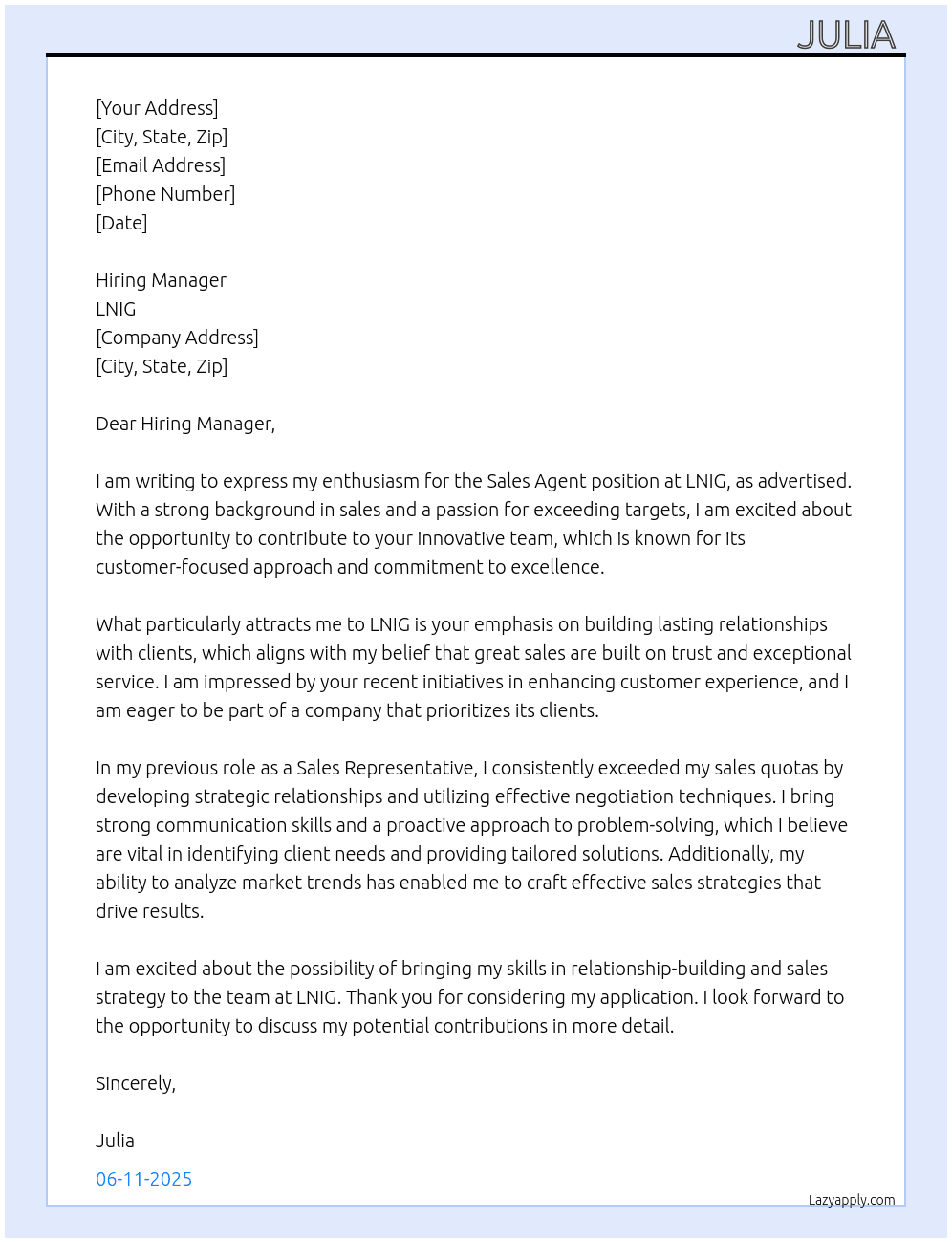 Sales agent At LNIG  Cover Letter