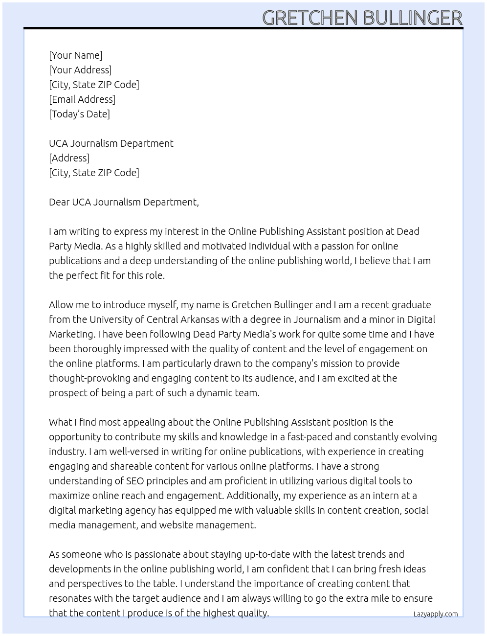 Online Publishing Assistant  At Dead Party Media  Cover Letter