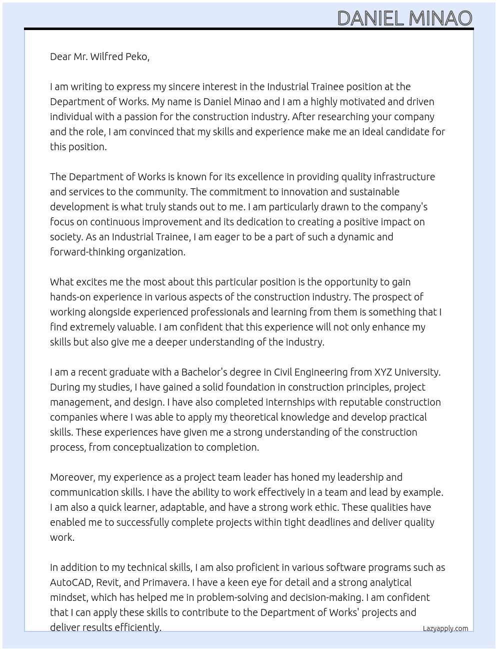 Industrial Trainee At Department of Works Cover Letter