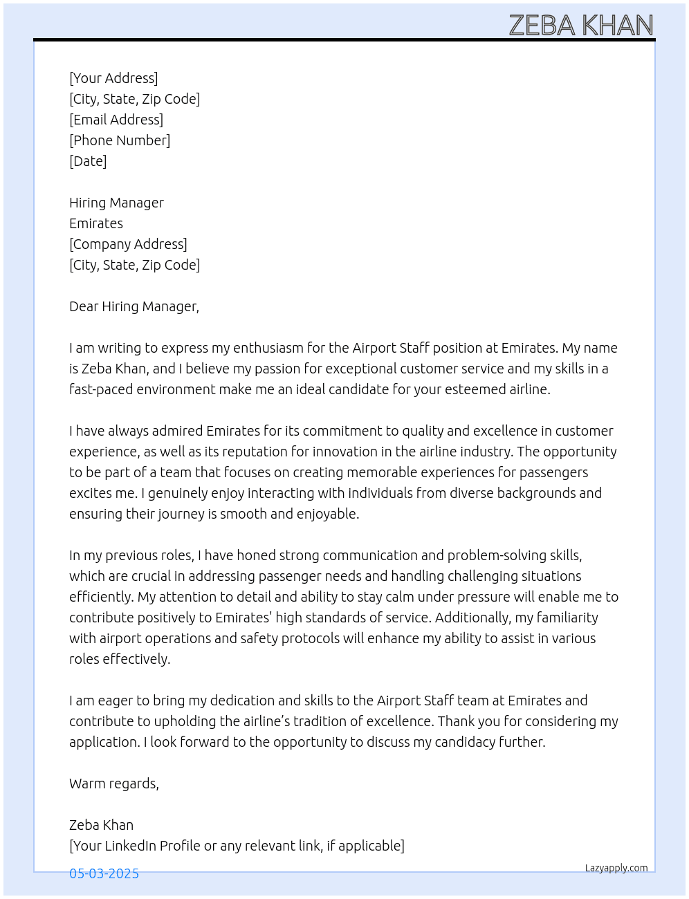 Airport staff At Emirates Cover Letter