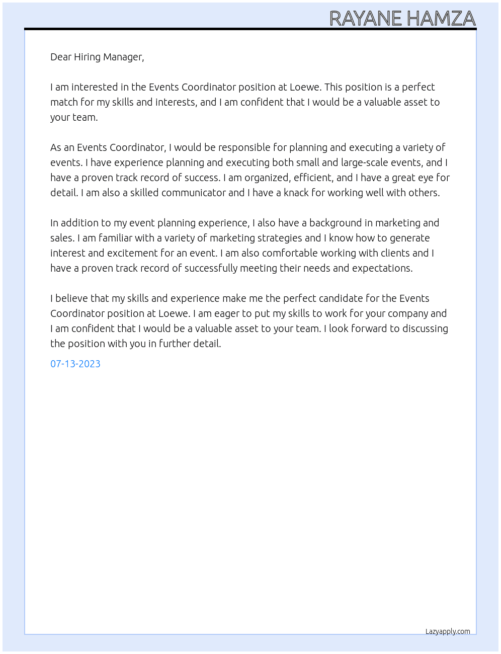 Events Coordinator  At Loewe Cover Letter