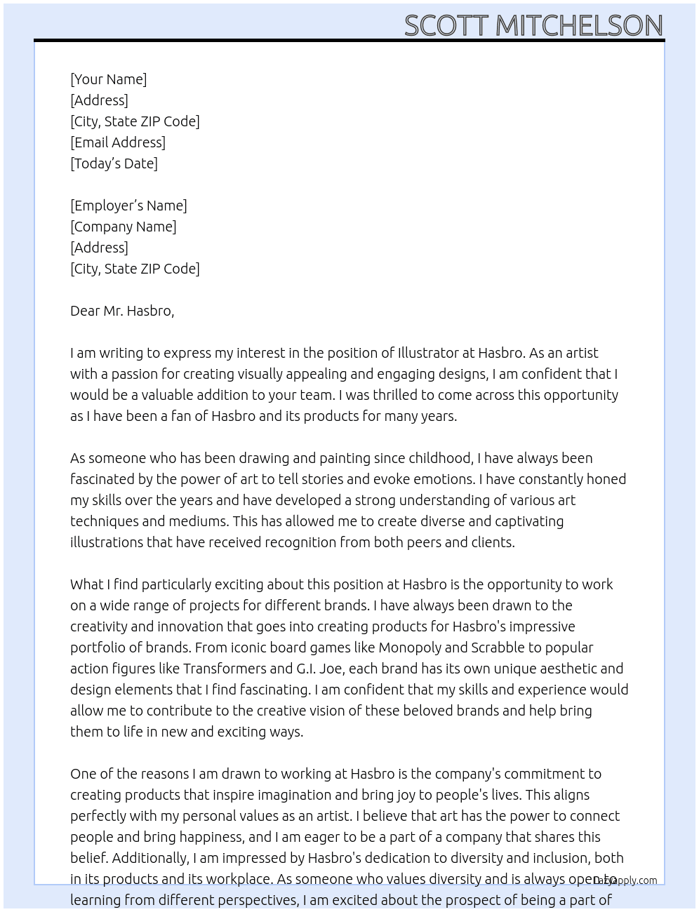 Illustrator At Hasbro Cover Letter
