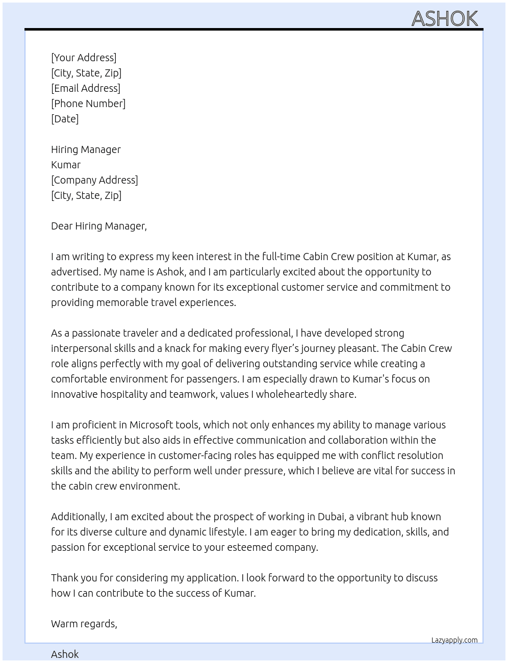 Cabin crew  At Kumar  Cover Letter
